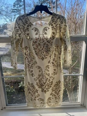 Cream Sequin Sheath Dress with Gold Embellishment